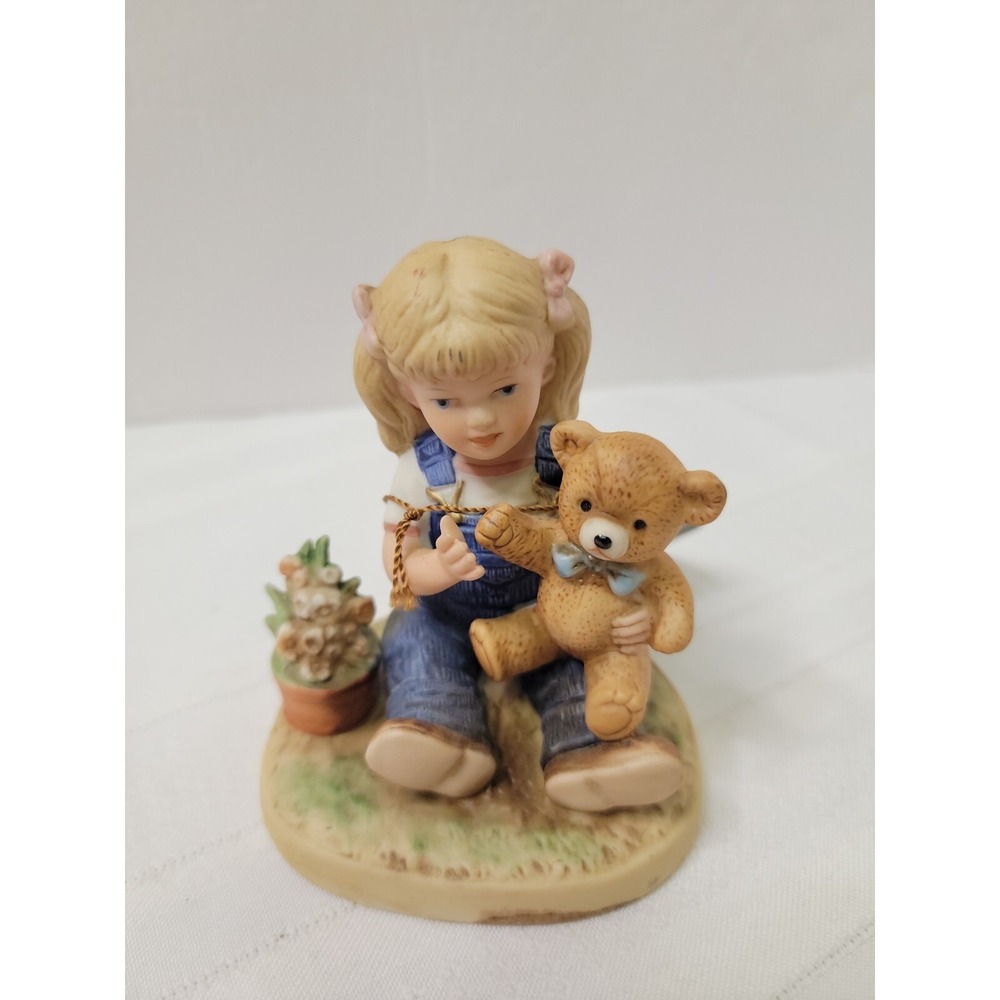 Vintage HOMCO 1985 "DENIM DAYS" Home Interiors Girl And Her Teddy Bear Flowers